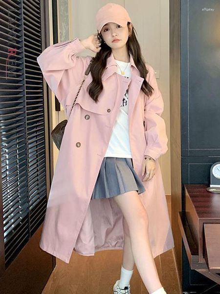 Trench feminino Coats Lanmrem estilo coreano Coat rosa mulheres lapela retalhos de retalhos cinto de peito duplo windbreaker moda 2023 outono 22010