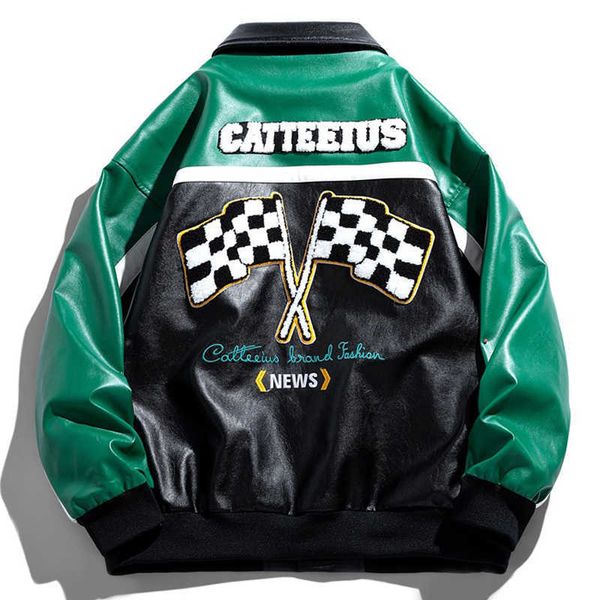 Erkek ceketler renk eşleşen deri ceket erkekler gevşek ekose baskı rüzgar geçirmez beyzbol üniformalı hiphop mektubu nakış motosiklet ceketi kış j230821