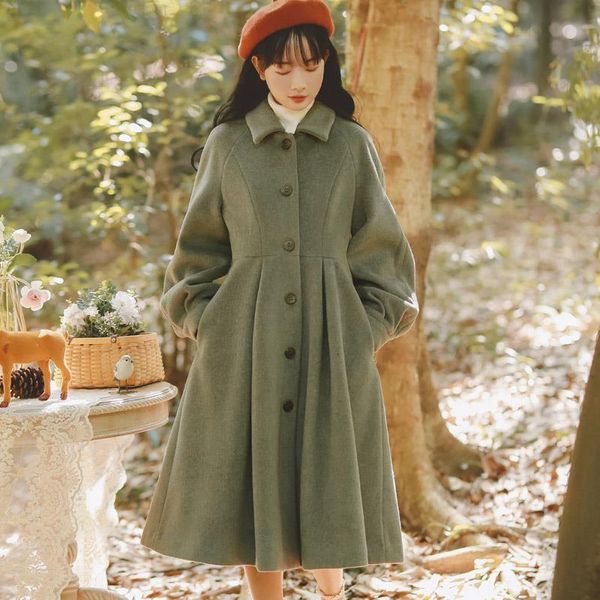 Женские шерстяные смеси Французские винтажные шерстяные пальто Женщины Осень Зимняя Элегантная плиссированная длинная пальто