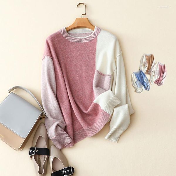 Camisolas femininas Masigoch Moda coreana Autumn Inverno chique de retalhos de malha de luxo Casual Casual Sweater Crewneck