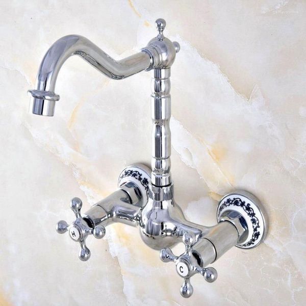 Küchenarmatur polierte Chrom -Messing Keramik Basis Wandmontage Waschbecken Wasserhahn Schwenkspitze Mixer Tap Dual Cross Griffe Mnf581