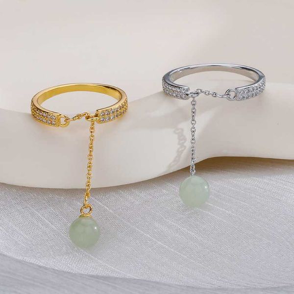 Anéis de banda Hotan Jade Tassel Rings For Women Girl Chain de zircão Abertura Abertura do dedo anel da moda da moda prateada Jóias de cor de ouro R230822