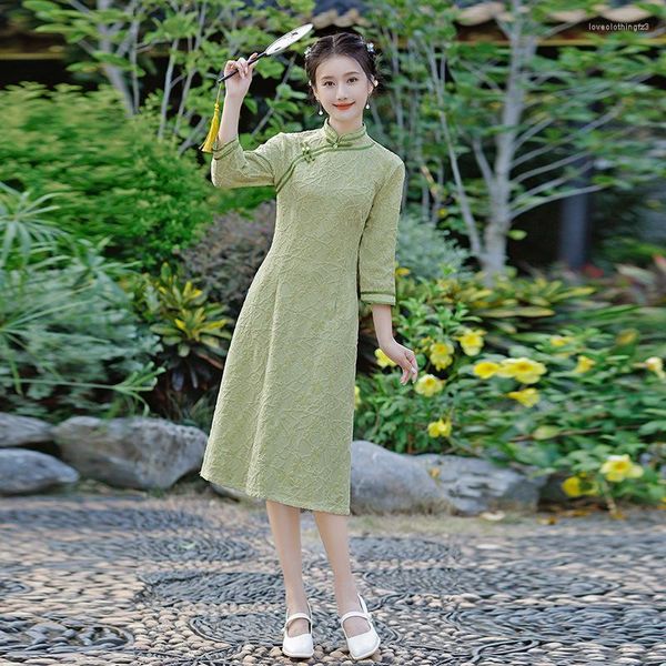 Roupas étnicas Cheongsam Autumn Green Temperamento melhorado Lady Lady Aodai Daily Chenille Midn comprimento Chineses Transformado QIPAO
