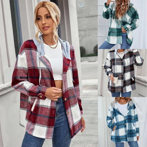 Frauenjacken Frühling Herbst Langarmer Mantel Frauen Modeplaidjacke 2023 lässige Flanell karteierte Hoodies Overshirt -Hemd für Frauen