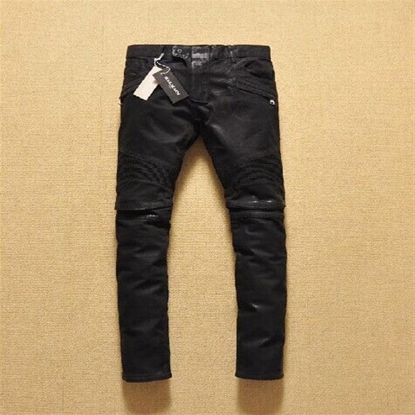 Uomini di nuovissima pieghe per ginocchini di ginocchia di acqua cerata Pantaloni magri neri jeans pantaloni dritti di alta qualità 288n