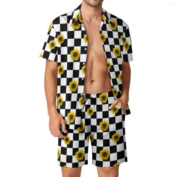 Herren -Trailsuiten gelbe Sonnenblumendruck Männer Sets Plaid Casual Shorts Fitness Outdoor Hemd Set Trendy Graphic Anzug Kurzärärmische Übergröße übergroß