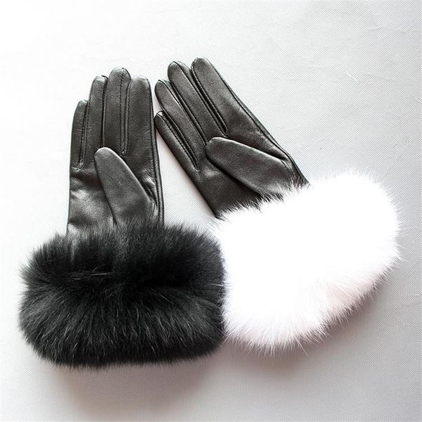 Luvas de cinco dedos Maylofuer Genuine Sheepskin Leather Touch Screen Cuffs Mulheres quentes no inverno Black222n