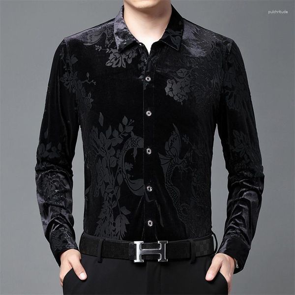 Herren lässige Hemden Luxus schwarzes Blumenhemd Männer hochwertige transparente Camisa Herbst Chemise Homme Blumenkleidung S-4xl