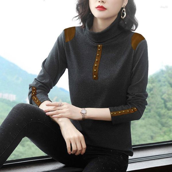 Damen T-Shirts Strickpullover All-Match Western im westlichen Stil hoher Nackenbluse Leichte Ins koreanische langärmelige T-Shirt Frauen