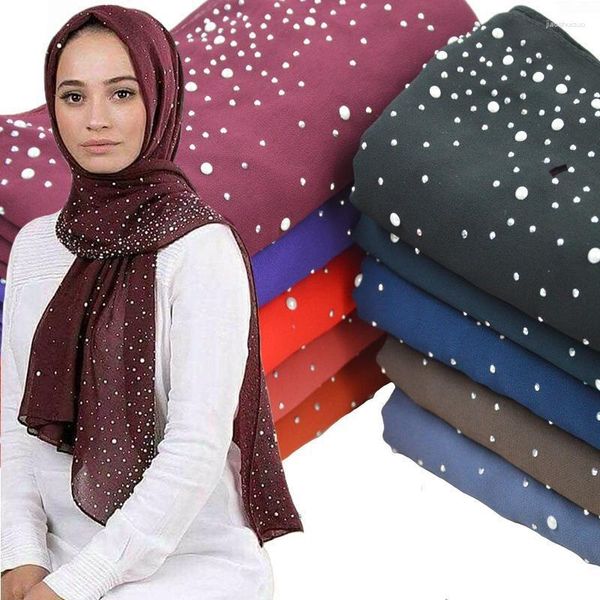 Ethnische Kleidung Fashion Plain Diamond Perlen Bubble Chiffon Hijabs Schals Kopf Wraps für Frau Foulard Sjaal Bonnet Cachecol 180 75 cm
