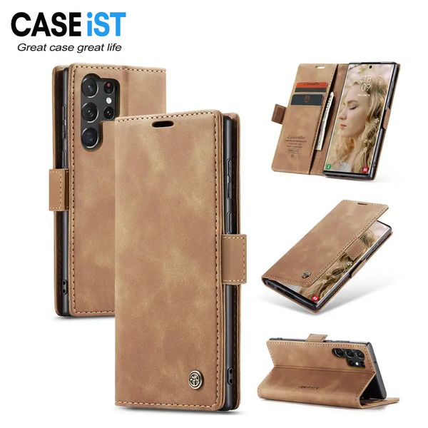 CASEiST Luxuriöse PU-Leder-Flip-Wallet-Telefonhülle mit Ständer, Kreditkarten- und Bargeldfächern, matte Handyhülle für Samsung Galaxy S23 22 21 20 10 9 8 Note Ultra Plus FE Plus