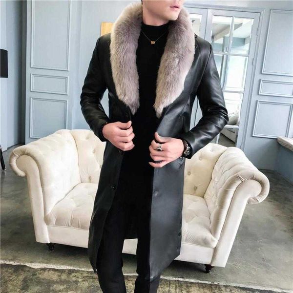 Herren -Grabenschichten Luxus großer Pelzkragen langes Leder für Herren weiße dicke Samt Winter -Mantel Jakets Elegant Blackwbvp