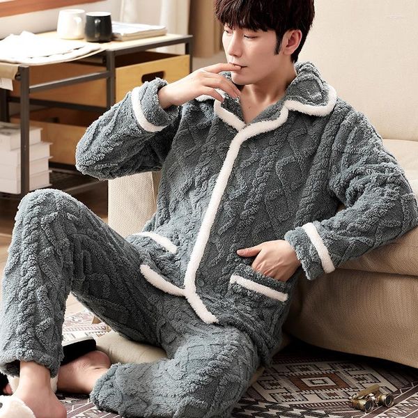 Moda de sono masculino Autumn Winter Men Home Use Pijama Coral Velvet Manga Lonja Harm espessada Flanela Man Pijamas Conjunto de lounge