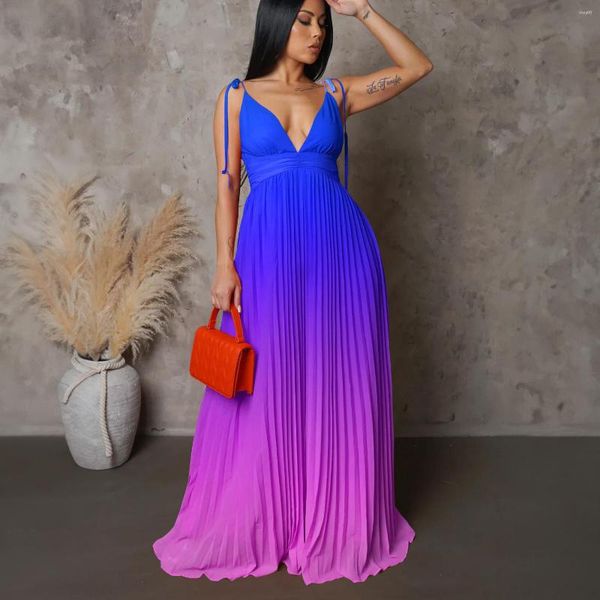 Lässige Kleider Sommer sexy V-Ausschnitt Rückenless Hohlverlauf Party Frauenkleid eleganter Schnürbiegedrucken Falten Maxi Long