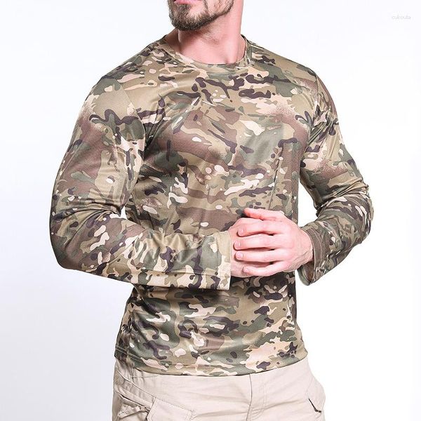 Camisetas masculinas 2023 camiseta de camiseta Manga de manga macho seca rápida camisa O-pescoço o longo verão de verão Camoufl de roupas leves e respiráveis ​​do exército