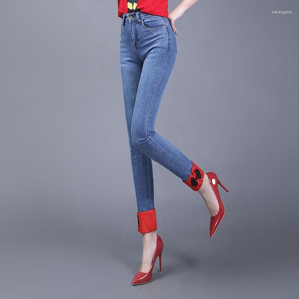 Jeans femininos Mulheres 2023 Primavera e outono Disco chinês fivela dividida cor retrô de cintura alta calças retas de perna slim mujer