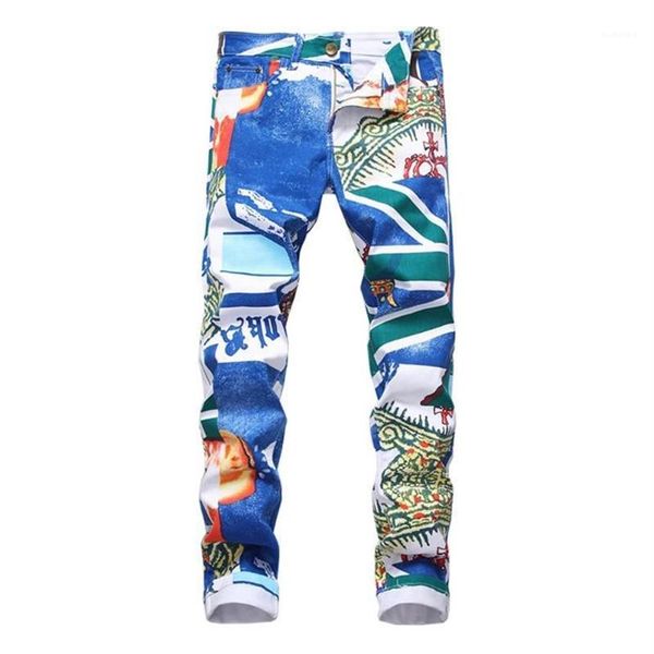 Erkek kot moda markası 3d desen ince sıska baskılı mavi beyaz streç denim pantolonlar gençler çiçekler üzerinde