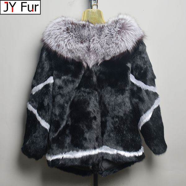 Womens Fur Faux Winter Winter Real Genuine Natural Rabbit Casat With Fox Collar Girls Fashion Jacket Outwear 230822