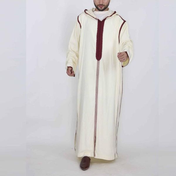 Ethnische Kleidung beige weiße Arabisch lange Herrenhemd für Männer mit Kapuze muslimische Robe Kostüm mit mittlerer Ärmel rot gesticktes traditionelles (M-4xl)