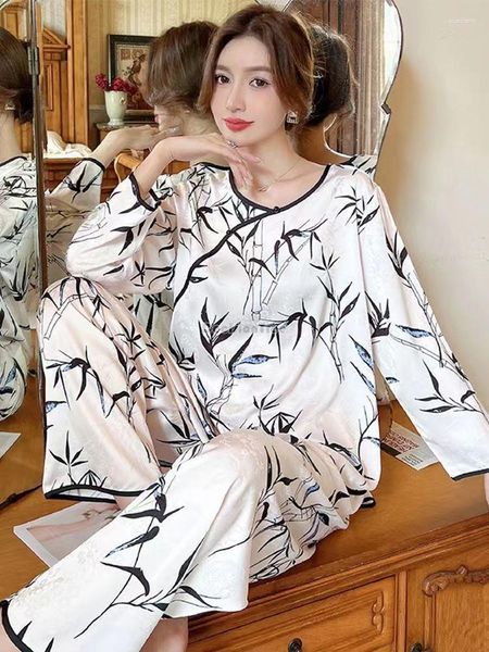 Women's Sleep abbigliamento 2023 migliorato in stile retrò in stile retrò in bambù pigiama primavera e pantaloni a maniche corte autunno indossa S318