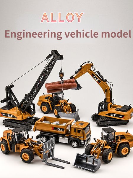 Diecast Modelo 1 50 Escavadeira de liga de liga escalada Simulação Conjunto de engenharia infantil garotos Presente infantil Crane Bulldozer Veículos de brinquedo 230821