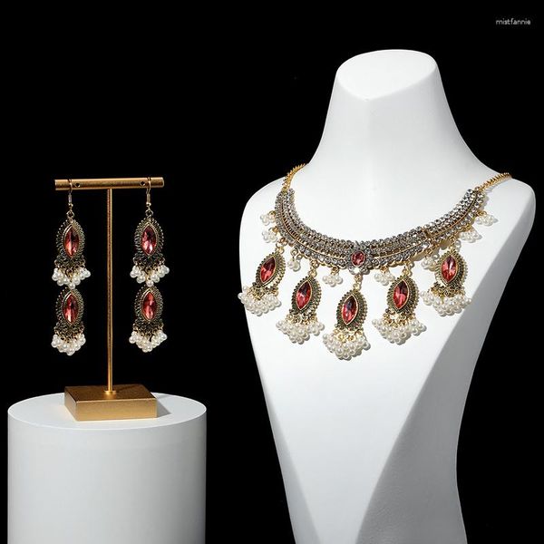 Brincos de colar definir cristal rosa de cor de ouro antigo e para mulheres acessórios vintage shinestone pérola festa