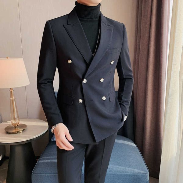 Мужские куртки осень британский стиль Slim Fit Double Breads Blazer Men 2022 Новый бизнес -повседневной костюмы мужской офис свадебный жених смокинг J230821