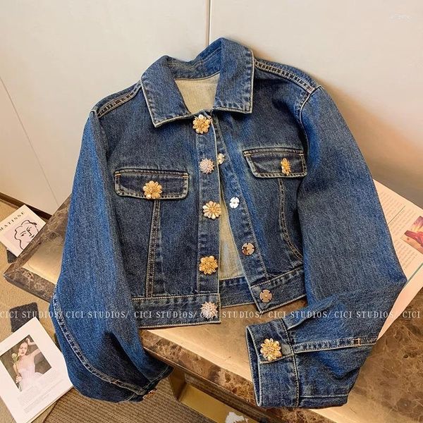 Jackets femininos Diamantes Button Crop Jaqueta jeans Mulheres de manga longa 2023 Autumn High Street Moda coreana Curta Blue Jean Coat Ladies