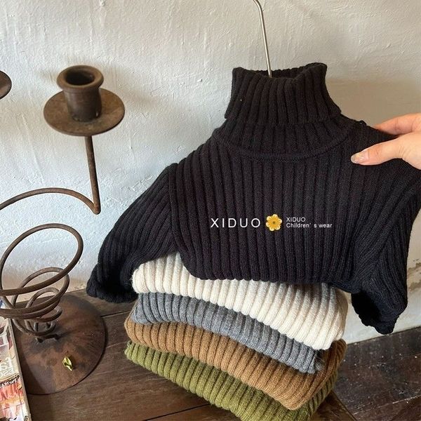 Família combina com suéter infantil coreano 2023 Autumn Winter Men Girls Color Solid Baby High Neck Elastic Thread Y230821