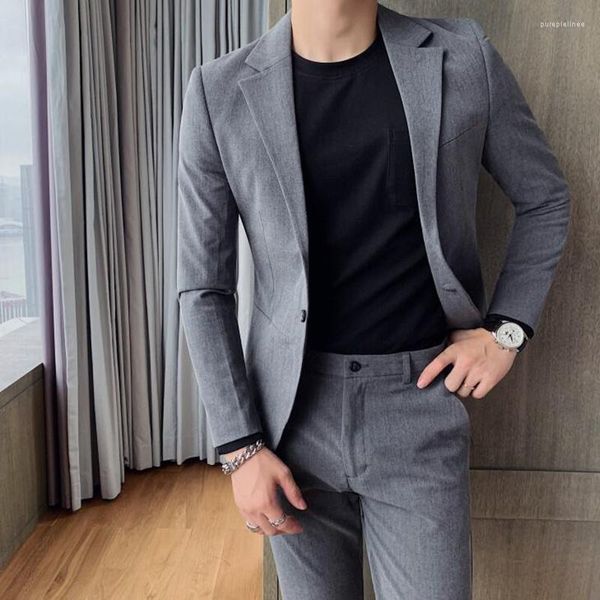 Abiti da uomo (pantaloni di giacche) 2024 abbigliamento marca uomini elaborare blazer aziendali di alta qualità/maschio slim fit cotone per lo spicco abito da sposa a due pezzi