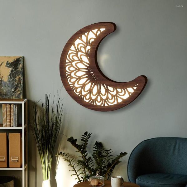 Lampada a parete LED Legno Legno sospeso Festival Home Decorazione adesivo a ciondolo Moon Mood B