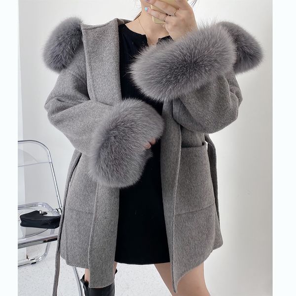 Misturas de lã feminina Misturas de tamanho grande lote de roupas de pele real jacket jacket women feminino colarinho de pele natural capô de capa de lã 230821