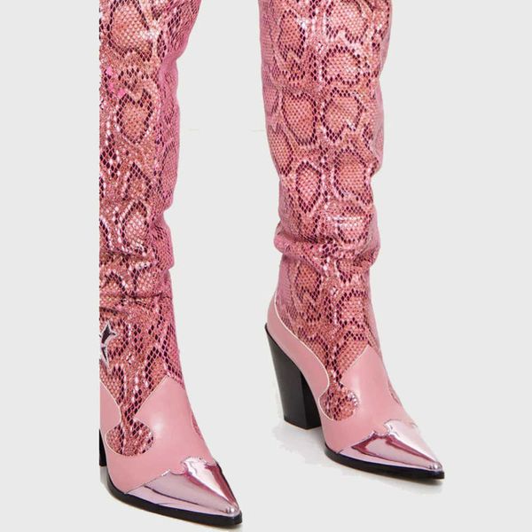 Neue Stil Mode sexy rosa Schlangenmuster mit dickem Absatz hohe Stiefel über Knie lange Frauen groß 230822