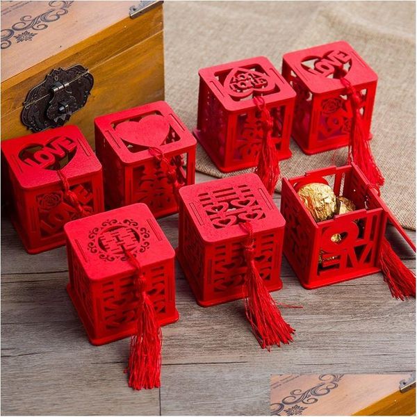 Geschenkverpackung Chinesischer Stil Vintage Neuheit Red Square Holz Liebe Süßigkeiten Boxen Party bevorzugt Zuckerversorgung LX0434 Drop Lieferung Hausgarten DH2RD