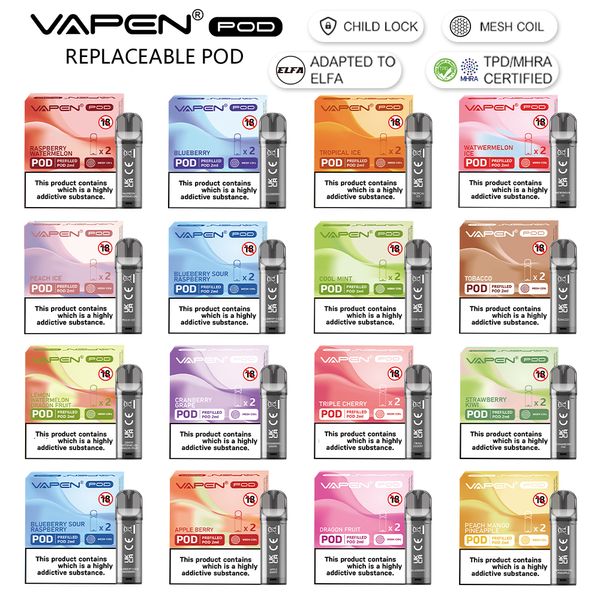 Оригинальные предварительно заполненные одноразовые капсулы VAPEN POD 650Puffs, сертифицированные TPD MHRA, адаптируются к ELFA с замком от детей, сетчатая катушка 1,2 Ом, электронная сигарета, без утечки пара