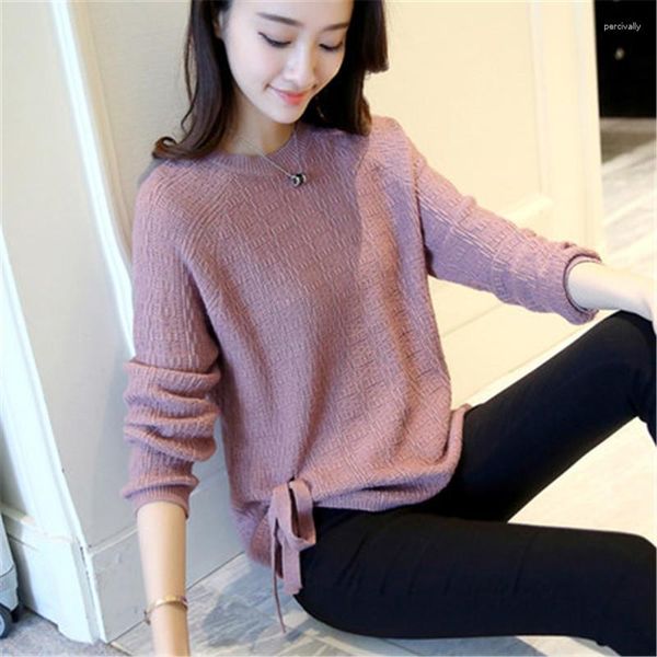 Frauenpullover 2023 koreanische Frauen und Pullover Biege Krawatte gestrickte Oberteile Langarm Damen Winter weiß lose PZ319