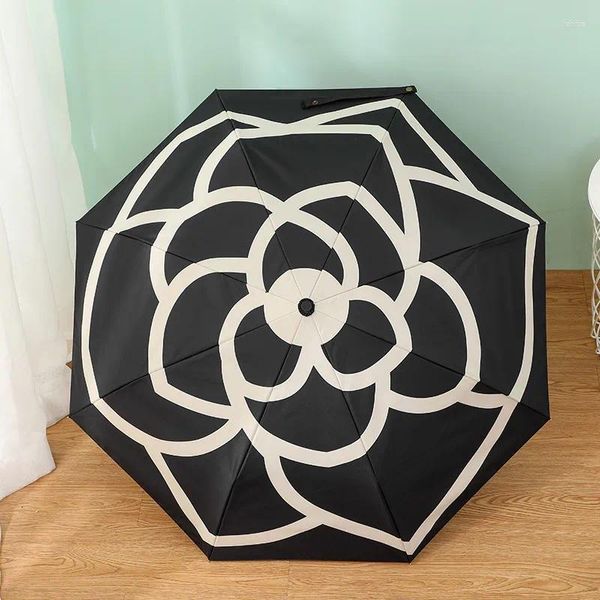 Regenschirme Elegante Kamelien Blume Sonne Regenschirm Regen Frauen Mann tragbares winddichtes Anti-UV Sunny regnerei Parasol Schwarz Weiß Brand 3 Faltung