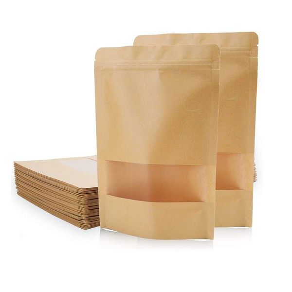 Sacos de armazenamento Stand Up Kraft Paper Pack w/ Janela fosca Biscuit Doy Zipper Bolsa LZ0492 Drop Deliver