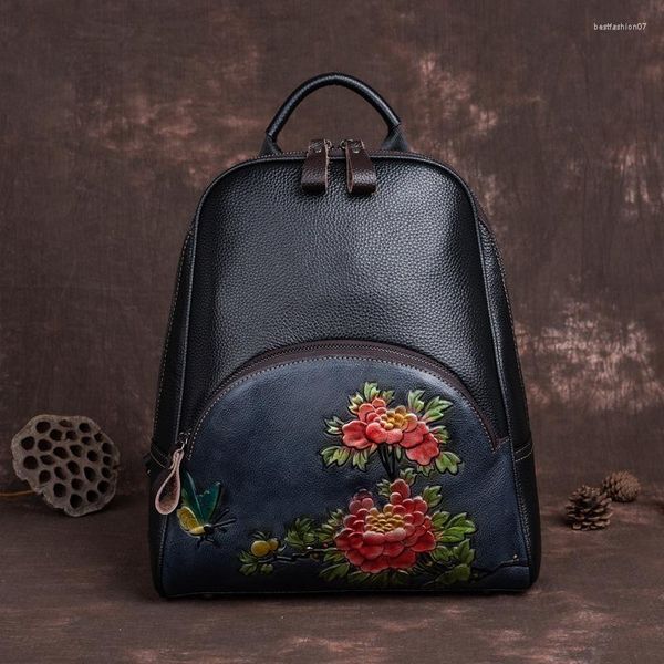 Okul çantaları siyah retro gerçek deri sırt çantaları kadınlar için el yapımı kabartmalı vintage çanta Çin tarzı çiçek desen sırt çantası bayan
