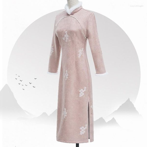 Roupas étnicas camurça de inverno espessou rosa de comprimento médio chinês estilo chinês