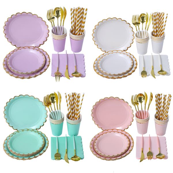 Andere Event -Party liefert lila Mint grün rosa Papier Einweggeschirr Set Plate Servietten Cup Messer Fork Hochzeitstag Geburtstag 230822