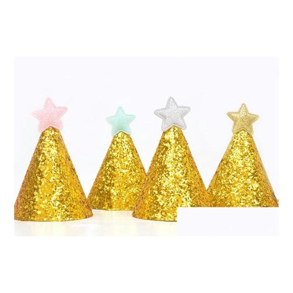 Cappelli da festa Sparklehaus Glitter Top - Caps ADT/ Kids W/ Golden Shine Mini Cone Piece Perfect for Weddings Compleanni P OS Droplese Dhqhc Dhqhc