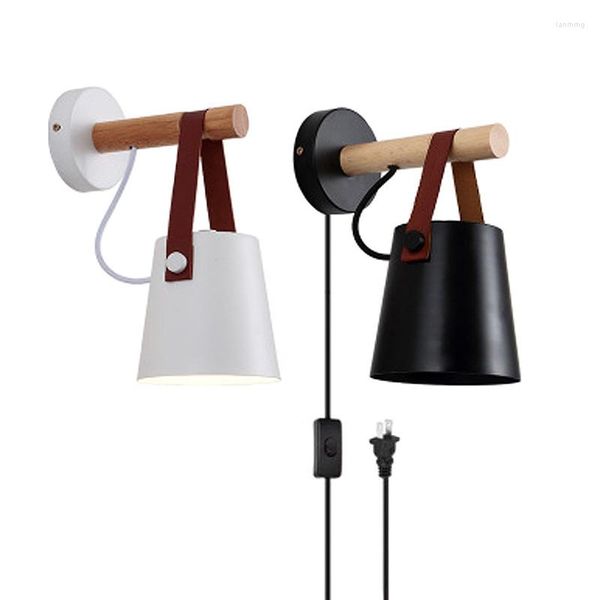 Wandlampe nordische Gürtel Holzleuchten Vintage Dachblatt Schlafzimmer neben E27 Lampen Schwarz weiße Lampenschirm mit uns/EU -Stecker für Wohnkultur