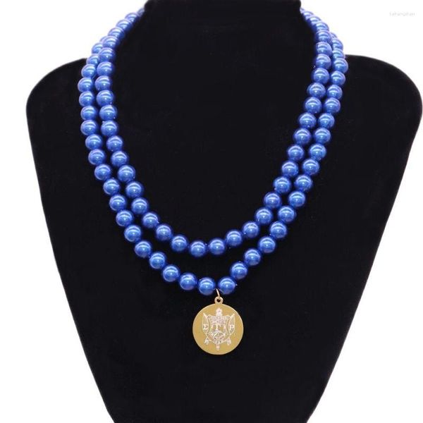 Anhänger Halsketten Zwei Schichten Blue Pearl Edelstahl Griechischer Buchstaben Sigma Theta Shield Schwesternschaft Label Club Choker Halskette für Frauen