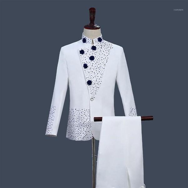 Herrenanzüge Blazer Chinesische Tunika -Anzug Retro -Stil weiß mit blauen Strass Jacke Straight Hosen 2 Stück Set Stand Col327b