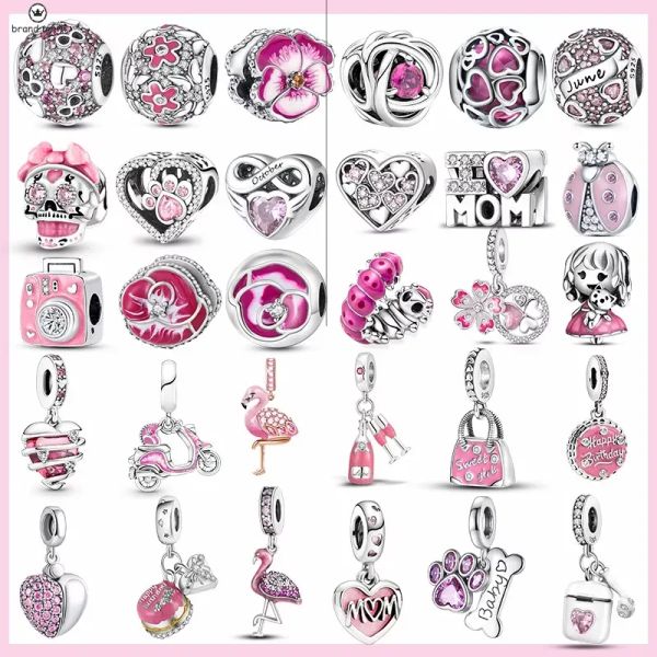 Argento 925 per ciondoli Pandora perline gioielli Bracciale 925 colore rosa fenicottero fascino fiore teschio cuore ragazza cane zampa charms set pendente fai da te perline fini gioielli