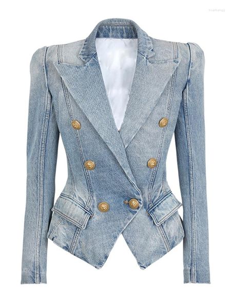 Frauenanzüge hochwertige Denimjacke Blazer Frauen Designer Slim Double Breasted Lion Button Anzug Outfits 2023