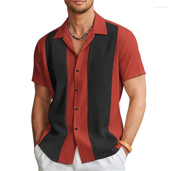 Camisas casuais masculinas 2023 Botão de boliche Verão Vermelho Color curto de mangas curtas Comparação de lapeadas de rua