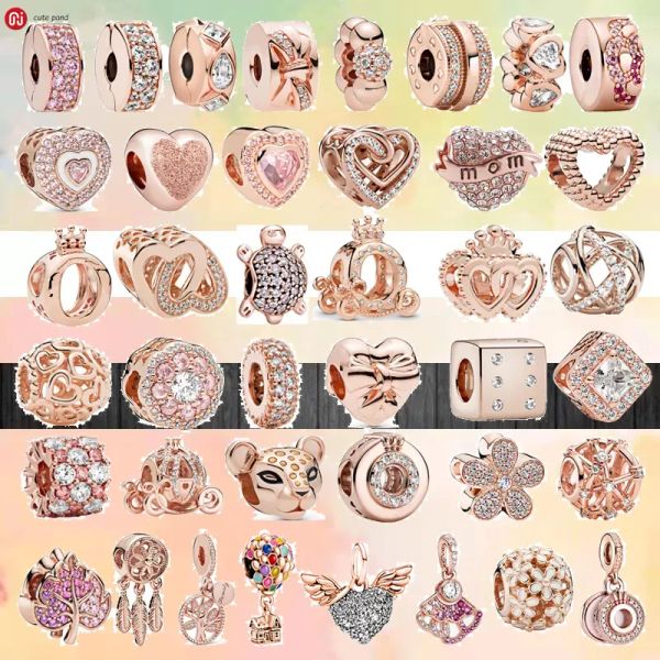 925 miçangas prateadas encantamentos fit pandora charme 925 pulseira de ouro rosa cor de ouro brilhante amade