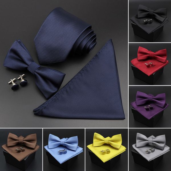 Boyun bağları Düz ​​renkli çizgili bowtie mendil manşetleri set erkekler moda kelebek parti düğün bowties yenilik hediyesi kutu 230822